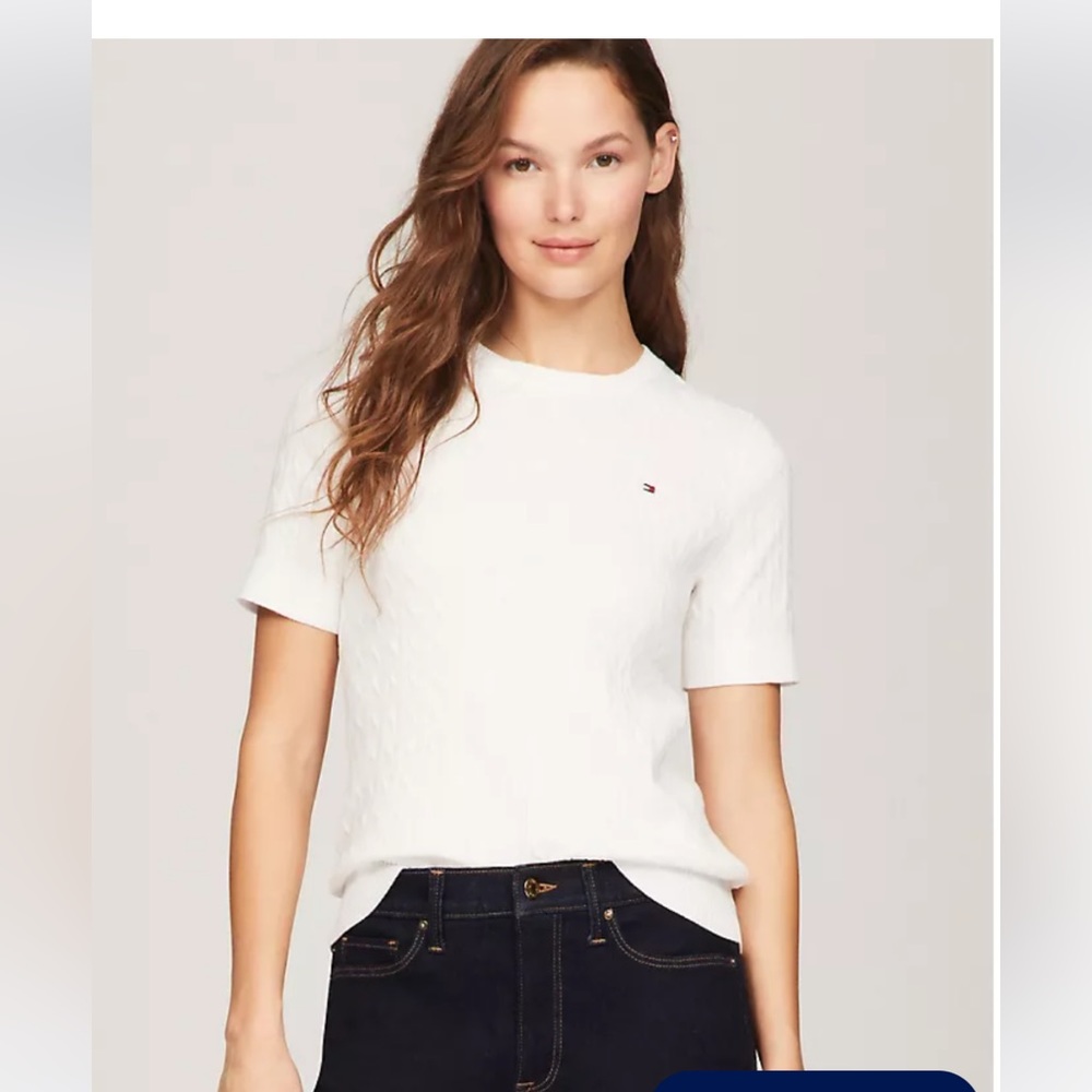 Tommy Hilfiger short sleeve cable knit sweater white